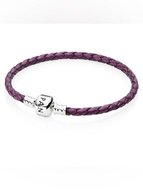 PANDORA (8.1") Single Shimmering Purple Leather Bracelet Authentic Silver Woven